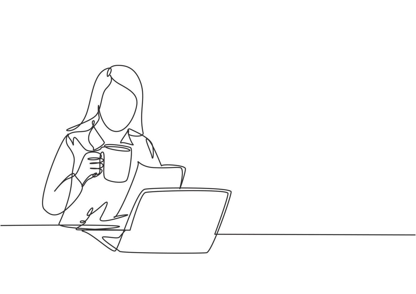 Single continuous line drawing of young female manager reviewing annual report paper while holding a cup of coffee drink. Drinking coffee or tea concept one line draw design vector illustration