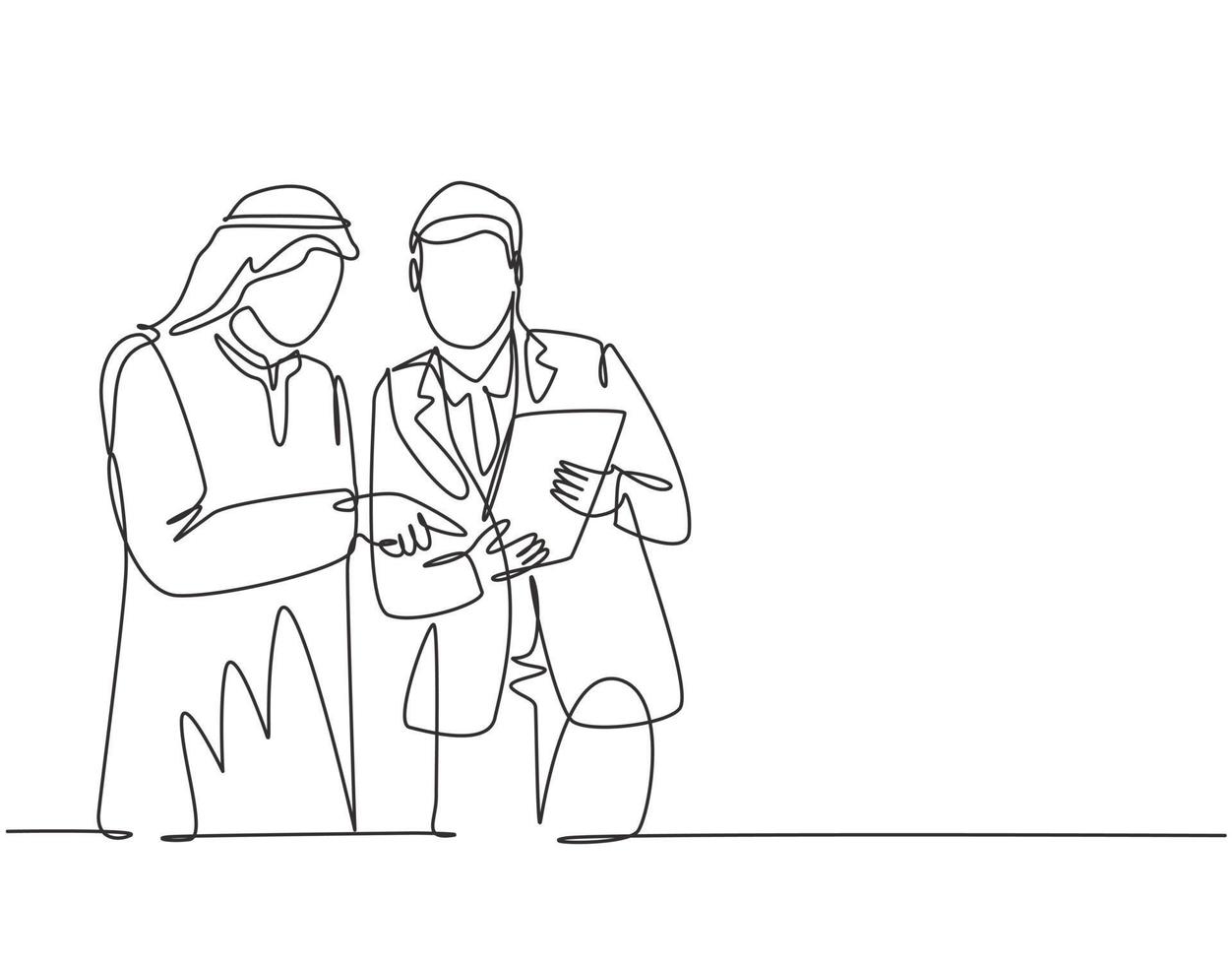 Single continuous line drawing of young muslim analyzing and discussing annual business report with his colleague. Arab middle east cloth shmagh, thawb, robe. One draw design vector illustration