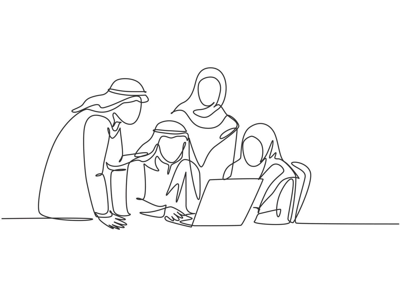 One single line drawing of young muslim business community discussing social project together. Saudi Arabia cloth shmag, headscarf, ghutra, hijab, veil. Continuous line draw design vector illustration