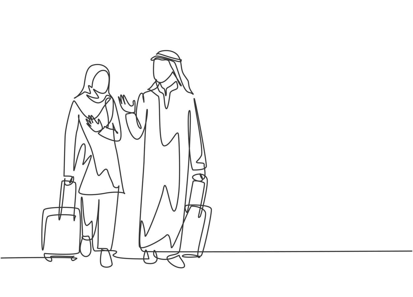 Single continuous line drawing of young male and female muslim managers talking after do business trip abroad. Arab middle east cloth kandura, thawb, hijab. One line draw design vector illustration