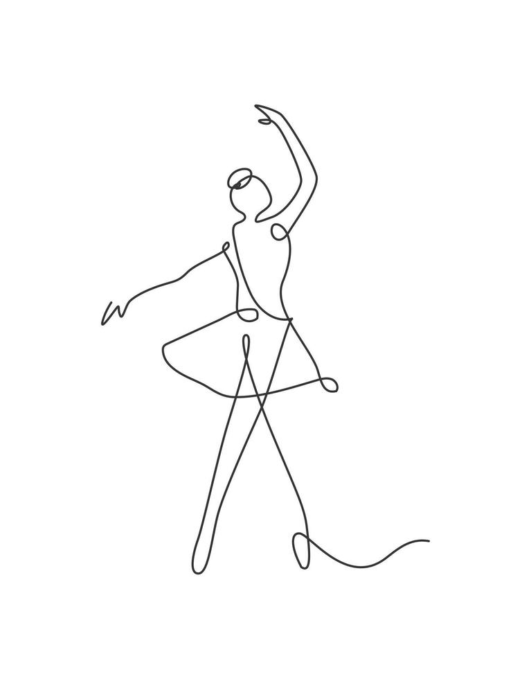 Una sola línea de dibujo ilustración de vector de bailarina de mujer sexy. bailarina de ballet bonita minimalista muestra el concepto de movimiento de danza. Póster de decoración de pared con estampado de moda. diseño gráfico de dibujo de línea continua moderna