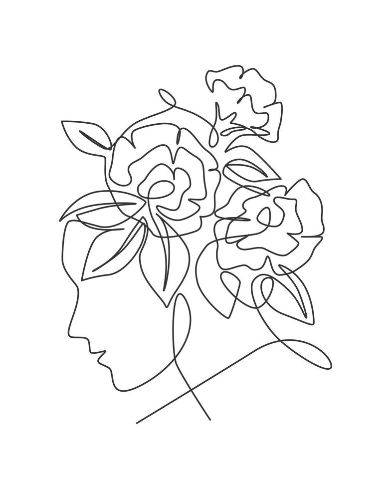 un dibujo de arte de línea continua retrato de mujer minimalista con flores. concepto de diseño de impresión de arte de pared de cartel de cara abstracta de contorno de belleza. Ilustración de vector gráfico de diseño de dibujo de línea única dinámica