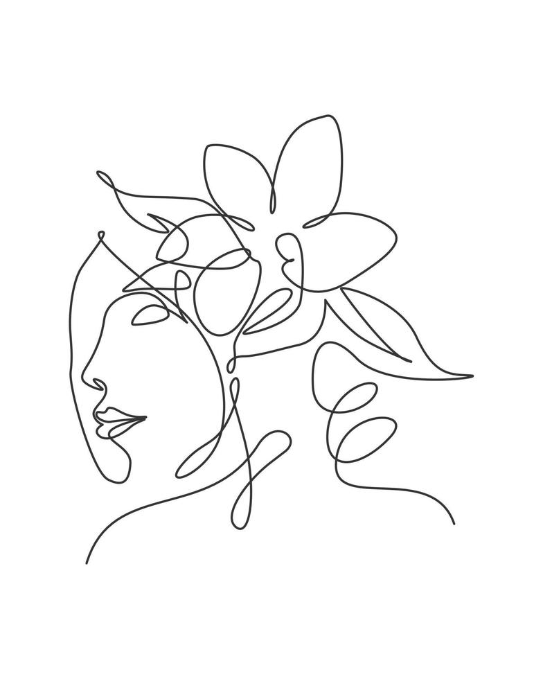 Single continuous line drawing pretty woman face with flowers. Nature beauty botanical print concept for wall decor print. Portrait minimalist. Trendy one line draw design vector graphic illustration