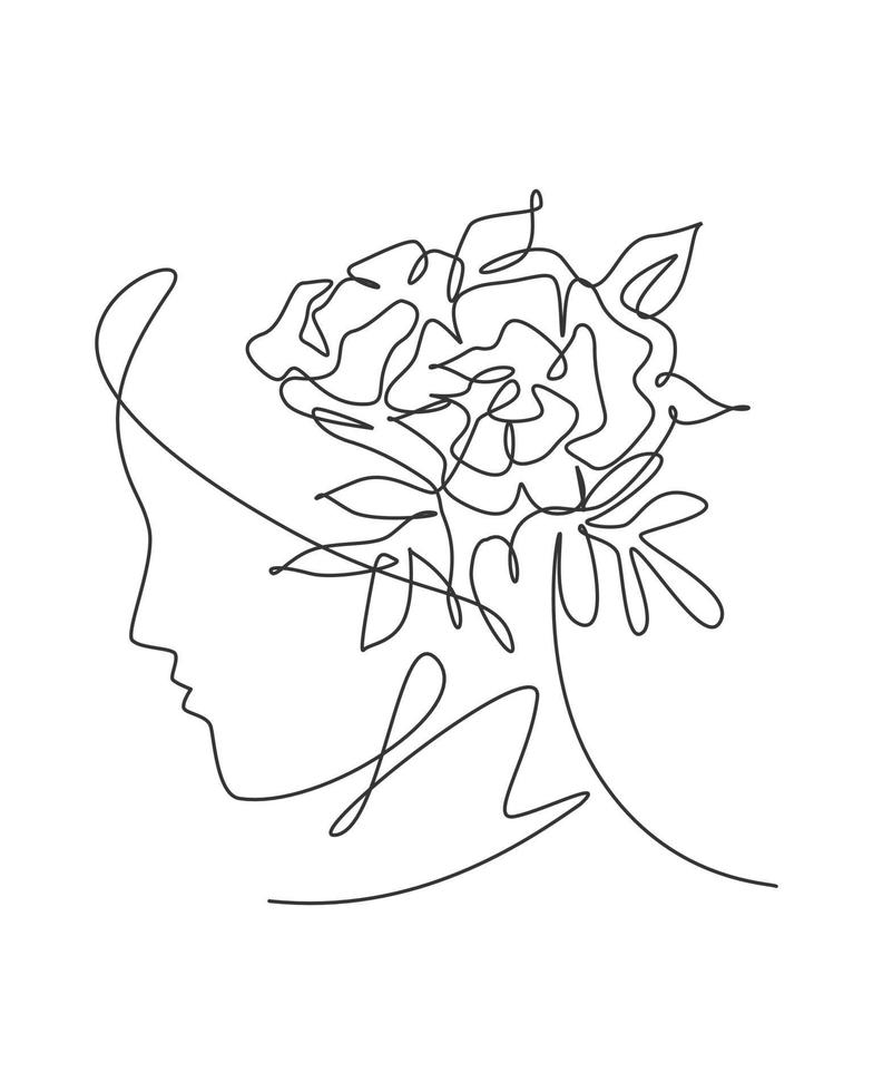 un dibujo de arte de línea continua retrato de mujer minimalista con flores. concepto de diseño de impresión de arte de pared de cartel de cara abstracta de contorno de belleza. Ilustración de vector gráfico de diseño de dibujo de línea única dinámica