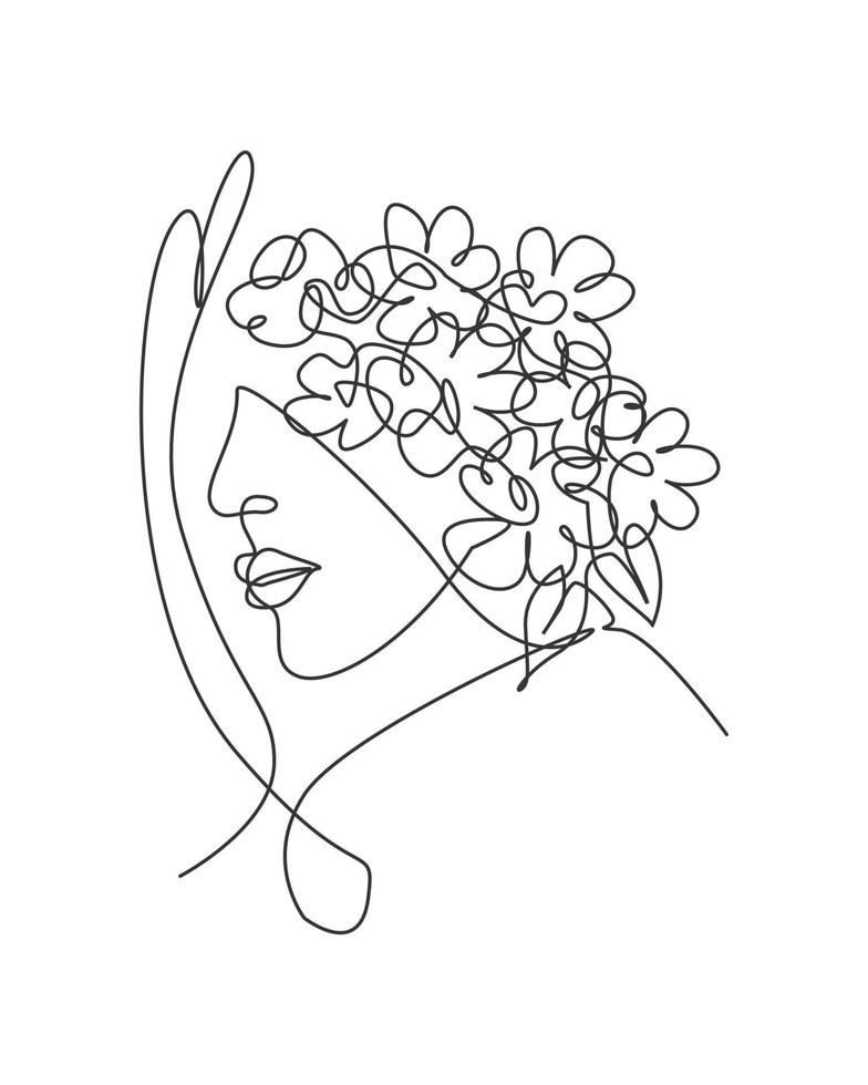 One single line drawing abstract face with natural flowers vector illustration. Beauty woman portrait minimalistic style concept for wall decor art print. Modern continuous line graphic draw design