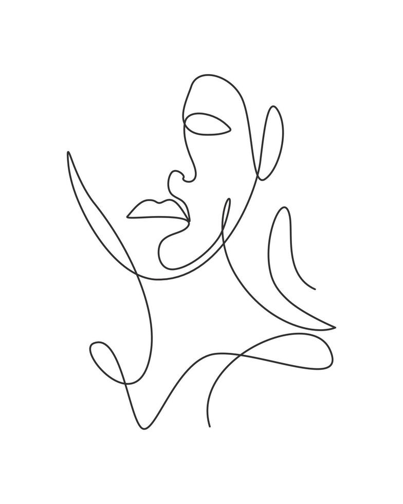 One continuous line drawing sexy beauty woman abstract face minimalist style. Female fashion concept for t-shirt, cosmetic, tote bag print. Dynamic single line draw design graphic vector illustration