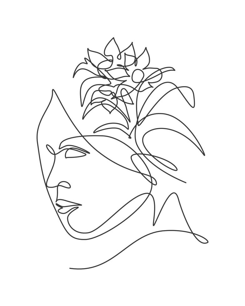 One single line drawing abstract face with natural flowers vector illustration. Beauty woman portrait minimalistic style concept for wall decor art print. Modern continuous line graphic draw design