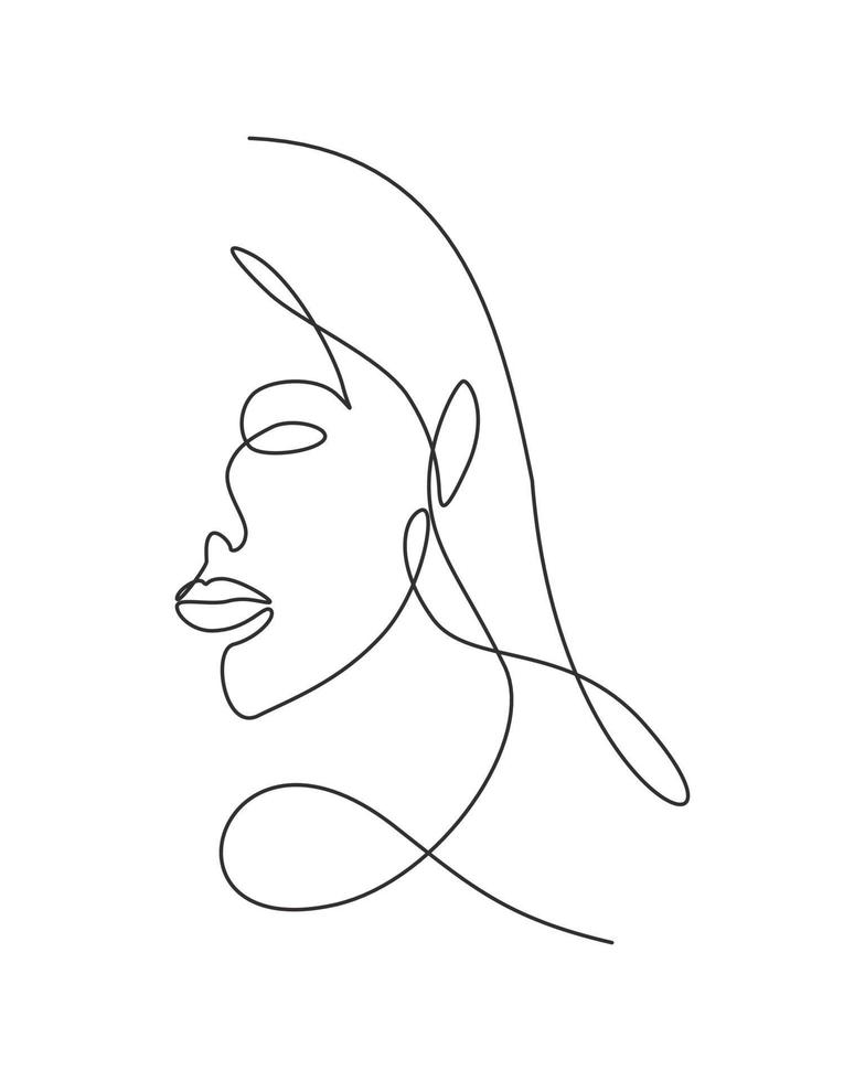 One continuous line drawing sexy beauty woman abstract face minimalist style. Female fashion concept for t-shirt, cosmetic, tote bag print. Dynamic single line draw design graphic vector illustration