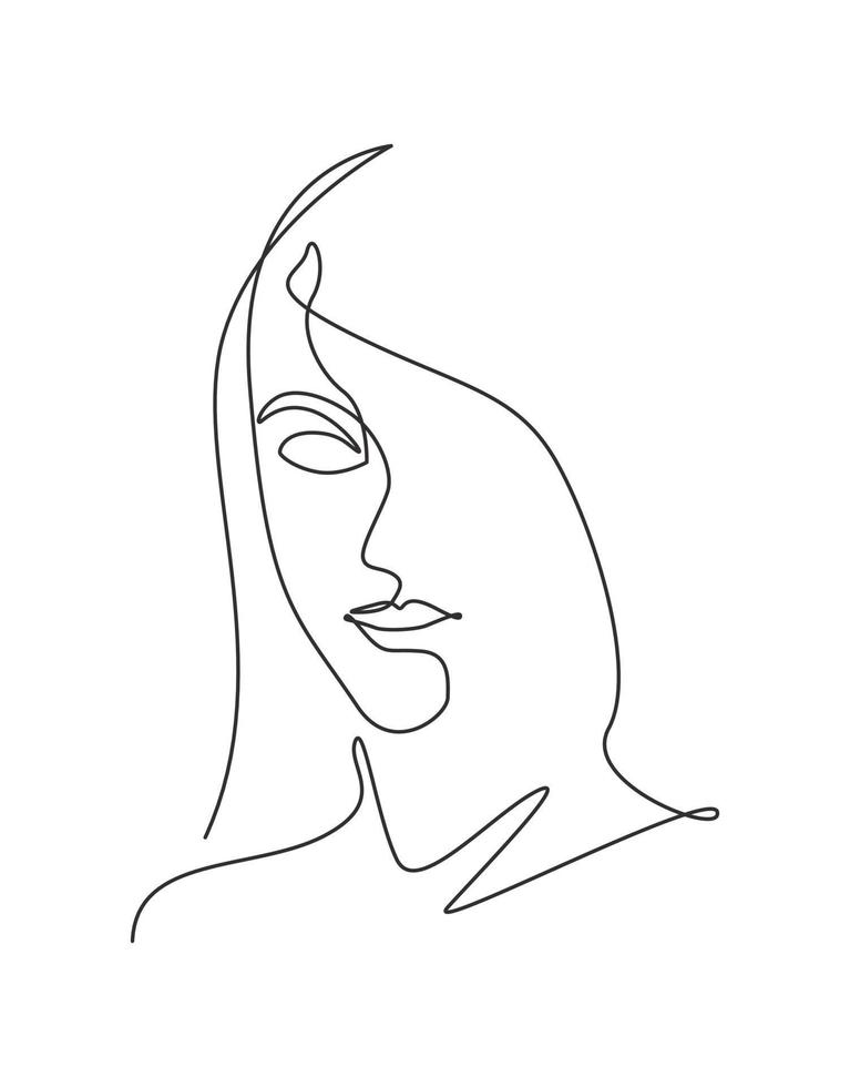 una sola línea de dibujo mujer belleza cara abstracta, peinado, ilustración vectorial de moda. concepto de estilo femenino minimalista bastante sexy para la impresión de camisetas. diseño gráfico de dibujo de línea continua moderna vector