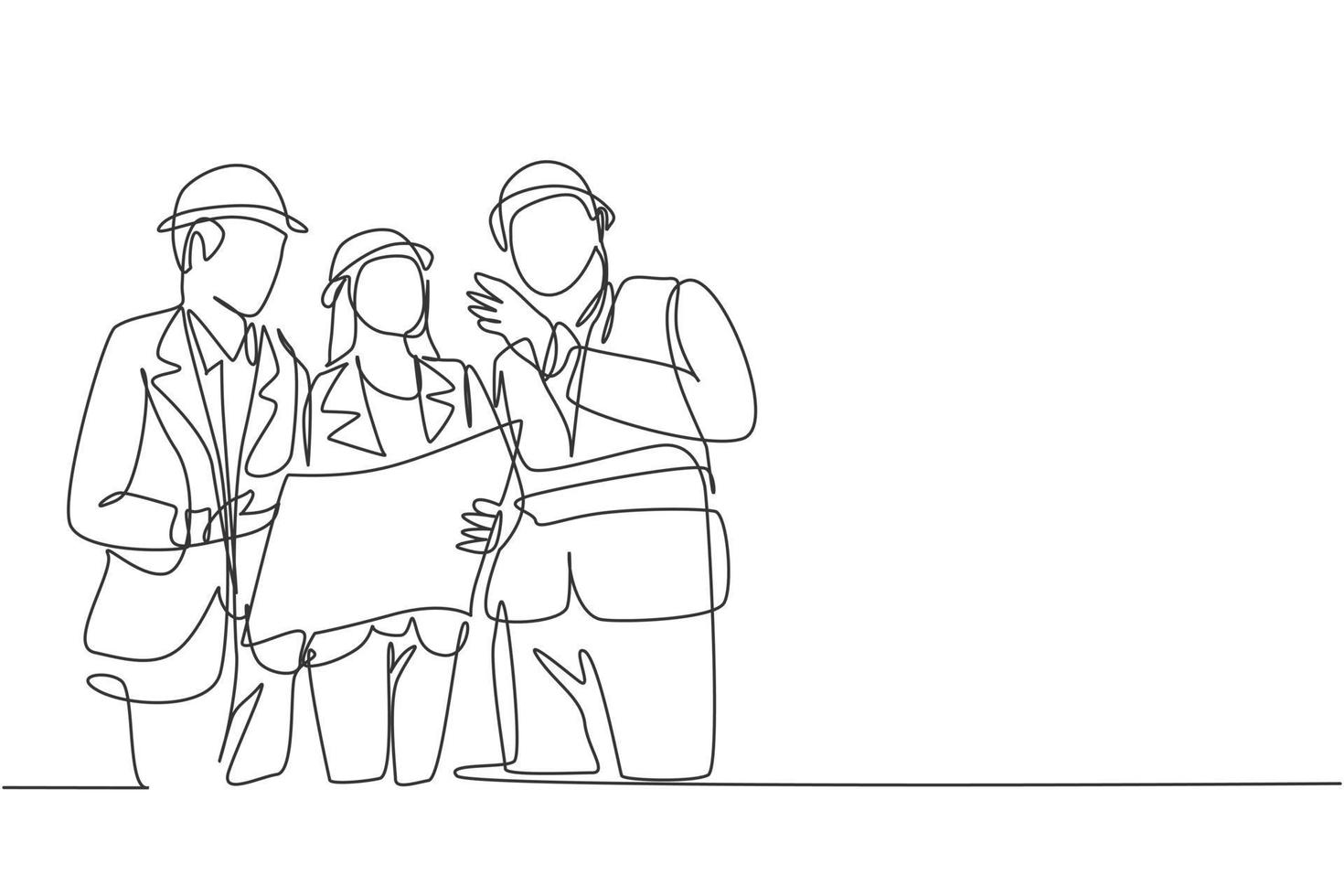 Single continuous line drawing of young architect discussing construction design with foreman manager. Building architecture business concept. One line draw design vector graphic illustration
