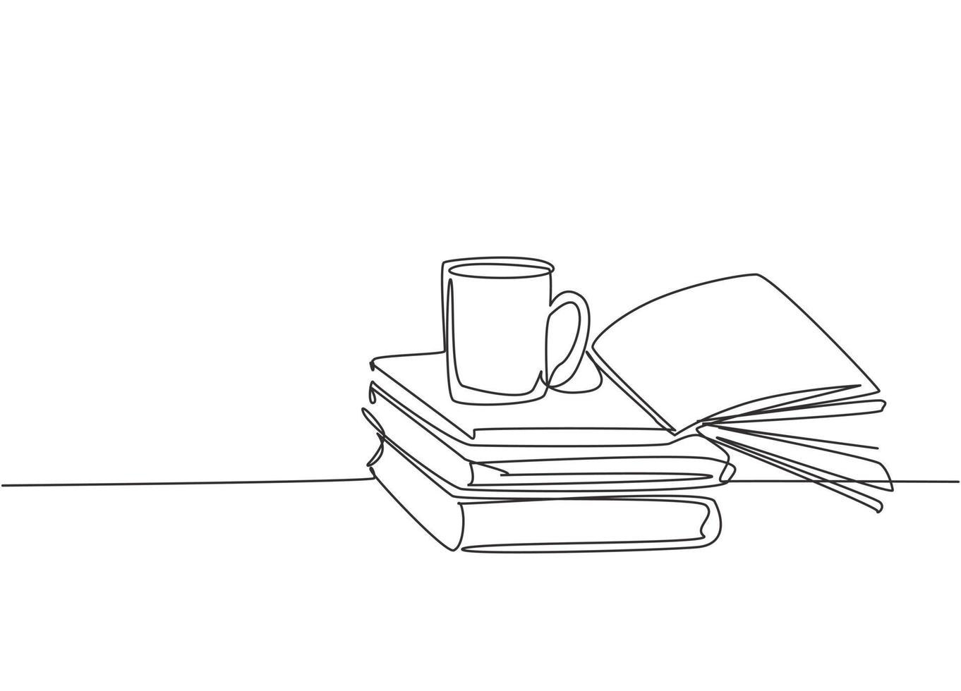 Single continuous line drawing of stack of books with a mug of coffee above on library desk. Business and education concept. One line draw graphic design vector illustration