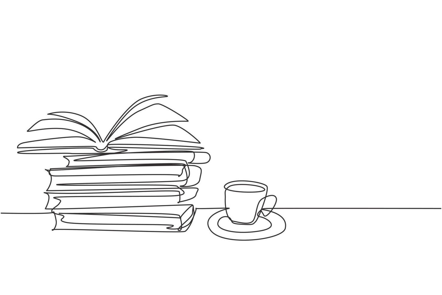 One single line drawing of opened page book with a cup of hot black espresso coffee at school library. Book is a window to the world concept. Continuous line draw design vector illustration
