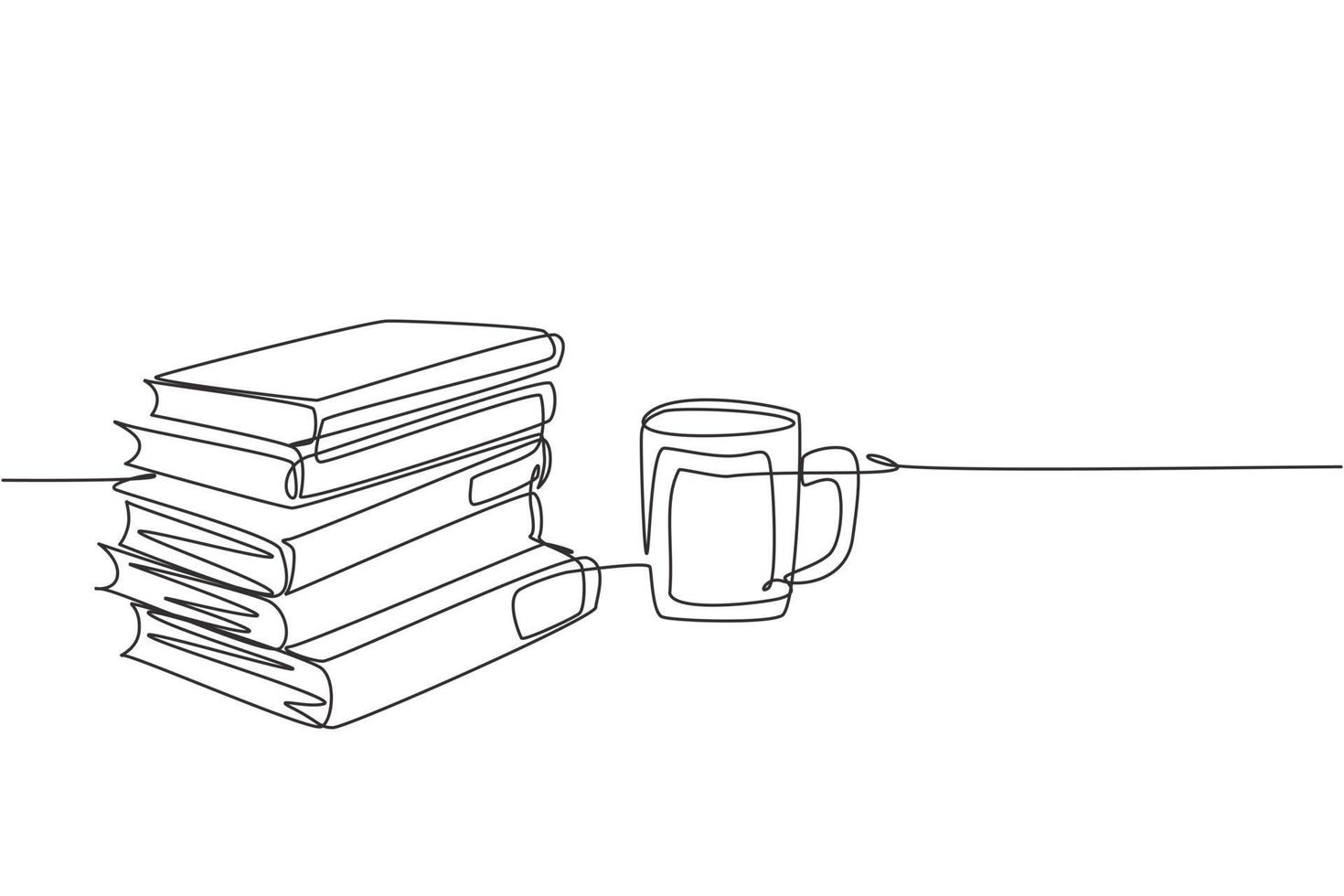 Single continuous line drawing of pile of books with a cup of hot black cappuccino coffee at public library. Book of educational concept. One line draw design illustration vector