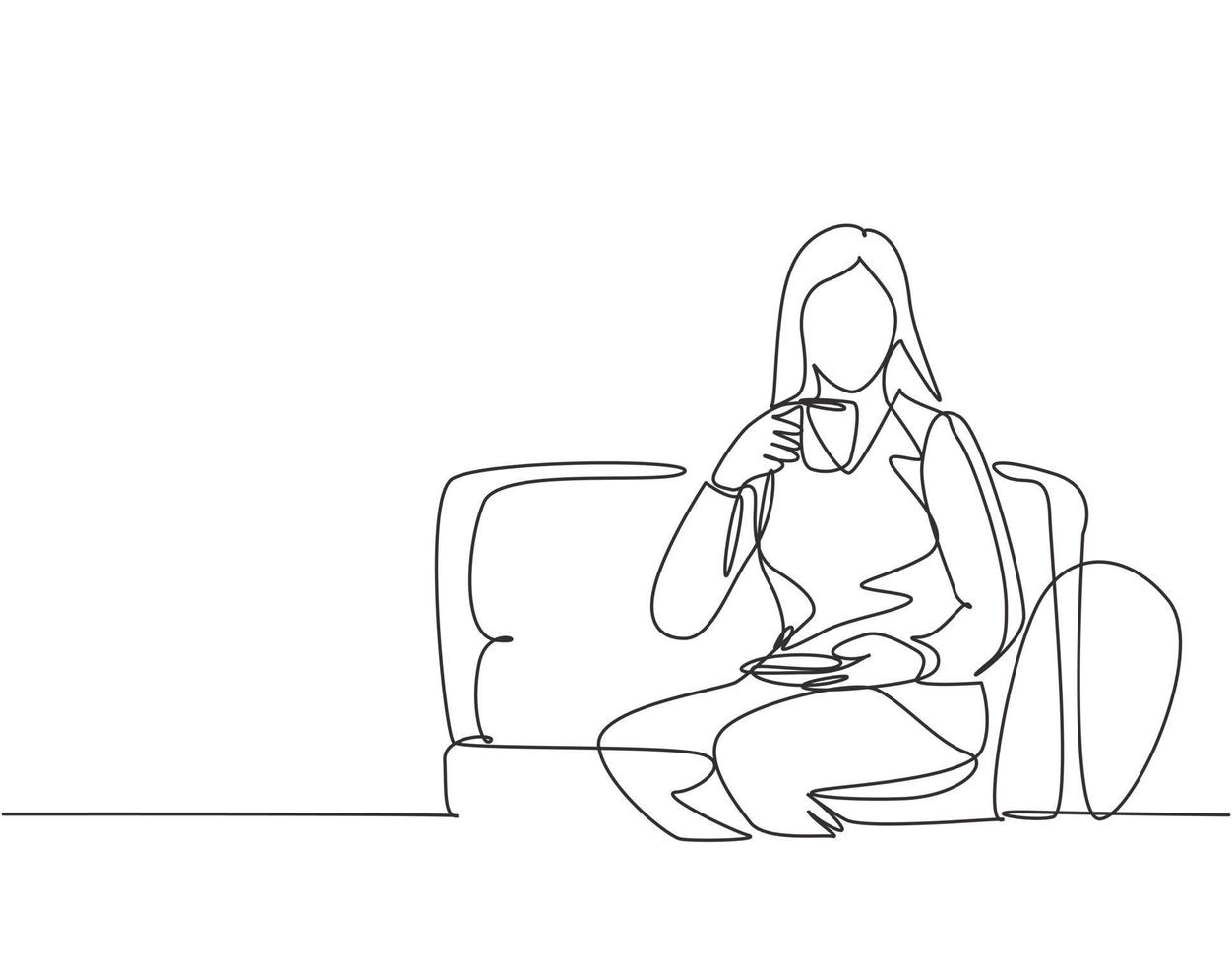 Single continuous line drawing of young businesswoman relax and take a coffee drink while sitting on the comfortable sofa. Drinking tea concept one line draw vector design graphic illustration
