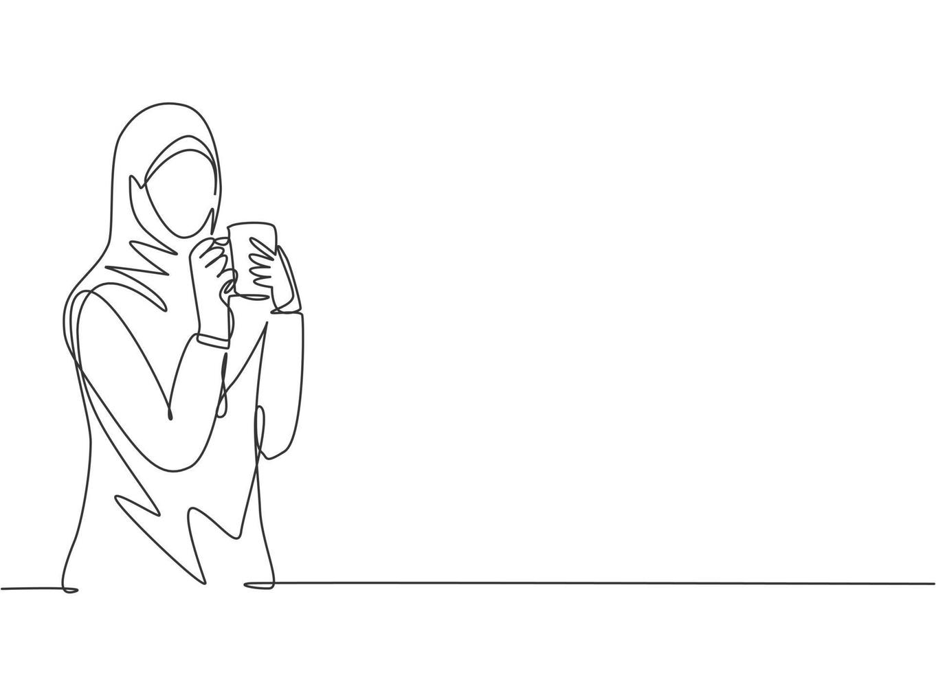 One single line drawing of young female muslimah businesswoman thinking business ideas while office break. Islamic clothing hijab and veil concept. Continuous line draw design illustration vector