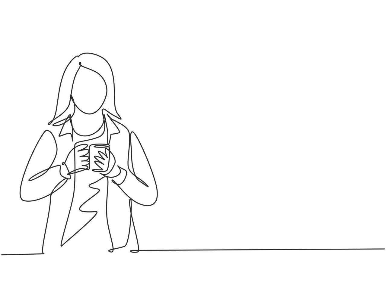 One continuous line drawing of young female employee thinking solution to finish her work while take a office break. Drinking coffee or tea concept single line draw vector graphic design illustration