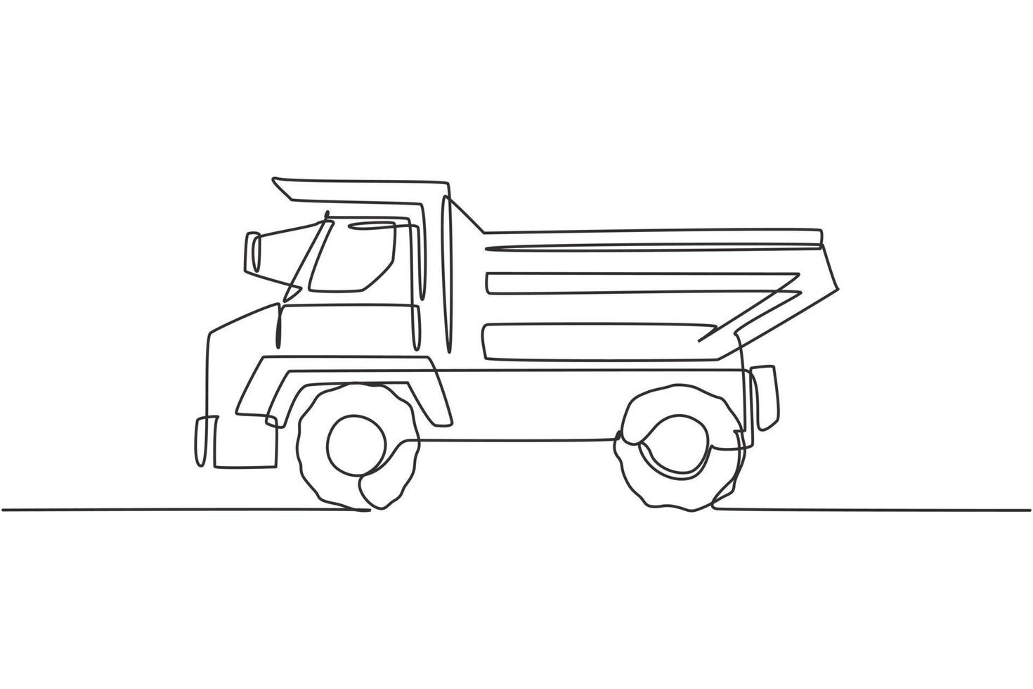 Single continuous line drawing of big dump truck for delivery coal mining. Haul truck, business vehicle. Heavy transport machines equipment concept. Trendy one line draw design vector illustration