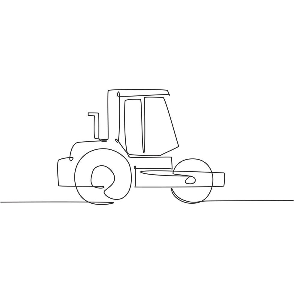 One continuous line drawing of metal roller vehicle for paving the road, commercial vehicle. Heavy construction trucks equipment concept. Dynamic single line draw design vector graphic illustration