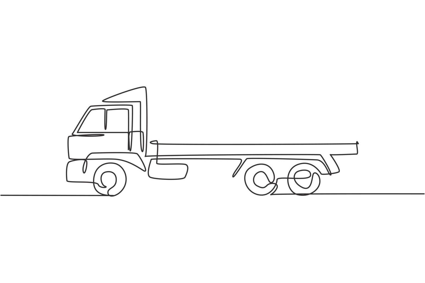 One continuous line drawing of long trailer truck for logistic delivery, commercial vehicle. Heavy construction trucks equipment concept. Dynamic single line draw design vector graphic illustration