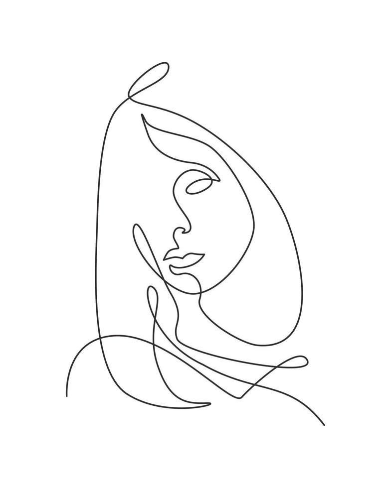 One single line drawing woman beauty abstract face, hairstyle,  fashion vector illustration. Pretty sexy minimalist feminine style concept for t-shirt print. Modern continuous line draw graphic design