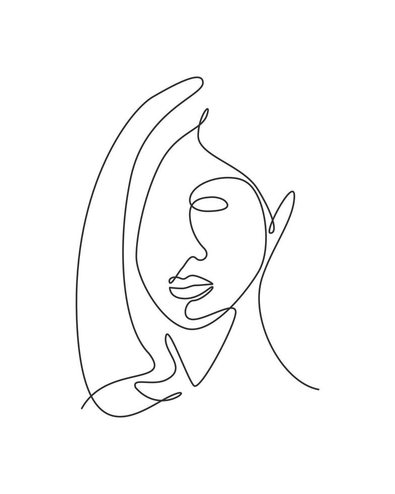 One continuous line drawing sexy beauty woman abstract face minimalist style. Female fashion concept for t-shirt, cosmetic, tote bag print. Dynamic single line draw design graphic vector illustration