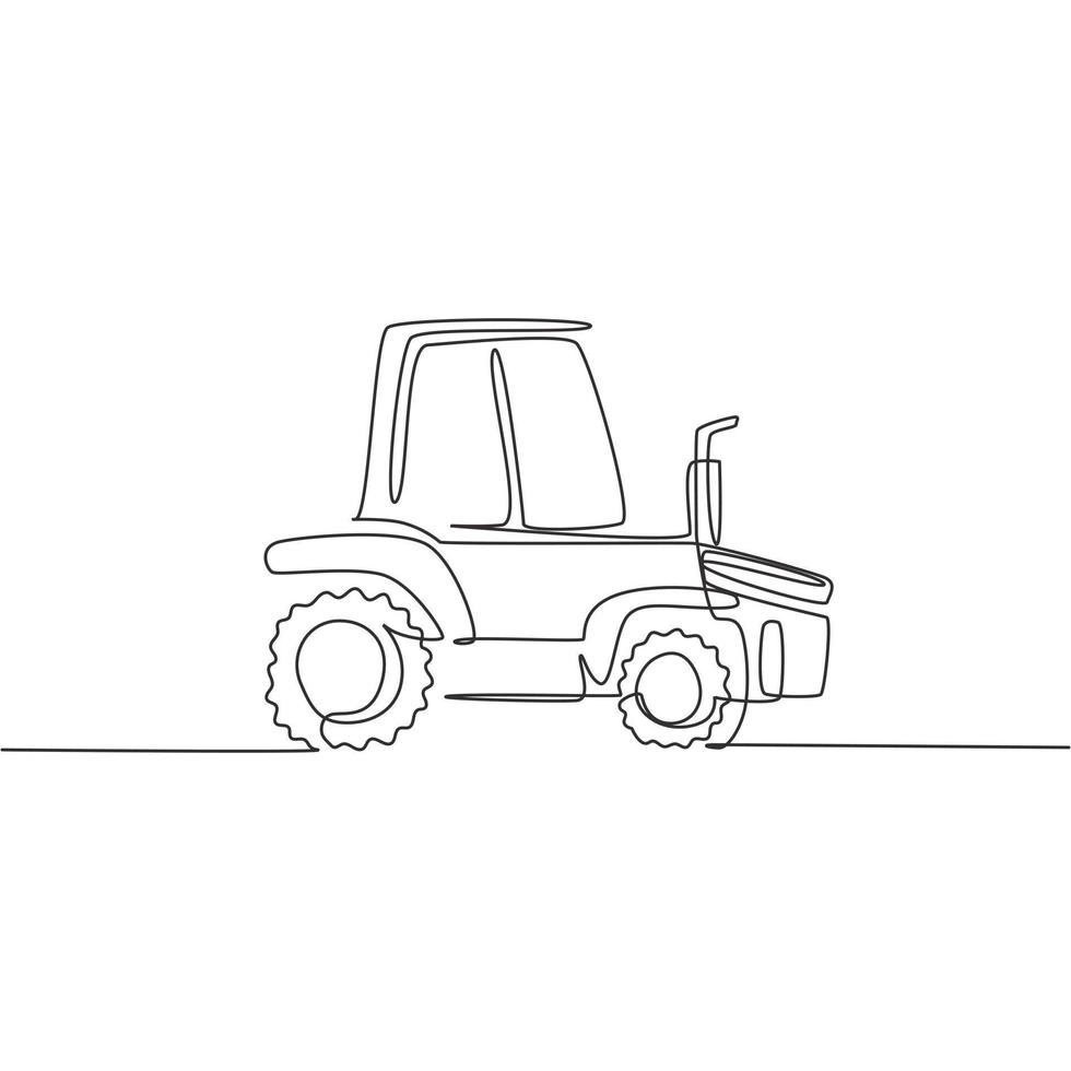 One single line drawing of harvester truck for harvest farming vector illustration. Business heavy tractor machines vehicles construction concept. Modern continuous line graphic draw design