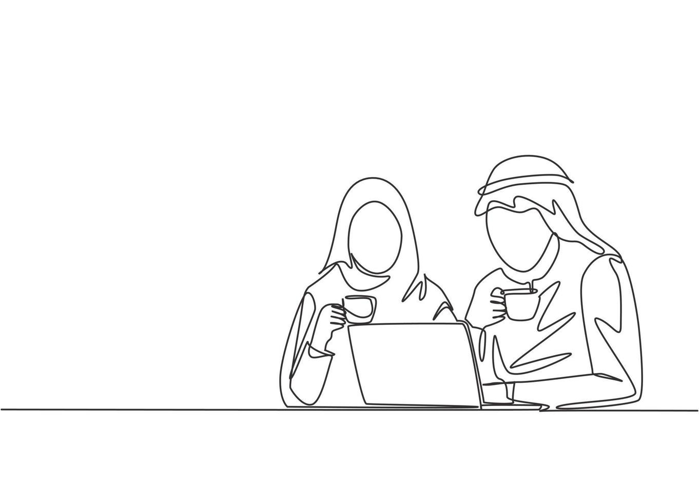 One single line drawing of young muslim and muslimah workers discussing at office. Arab middle east male and female cloth kandura, shemag, hijab and veil. Continuous line draw design illustration vector