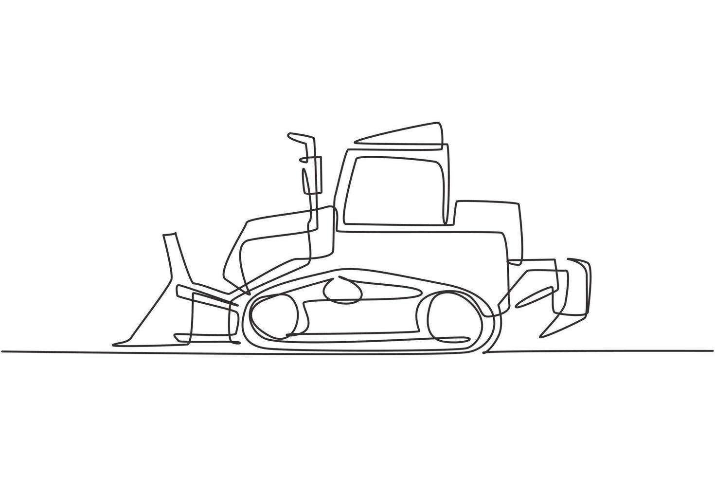 Single continuous line drawing of bulldozer for paving the road, commercial vehicle. Heavy backhoe construction machines equipment concept. Trendy one line draw design vector graphic illustration