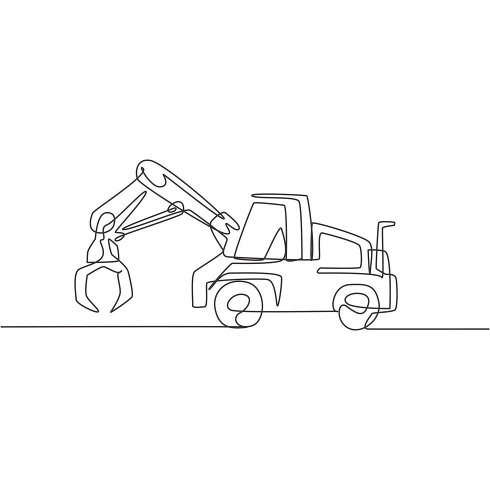 Single continuous line drawing of metal excavator for digging land, commercial vehicle. Heavy construction machines equipment concept. Trendy one line graphic draw design vector illustration