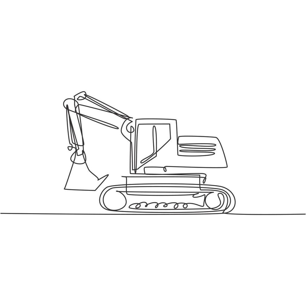 One single line drawing of excavator for digging soil vector illustration, business transportation. Heavy machines vehicles construction concept. Modern continuous line draw design graphic