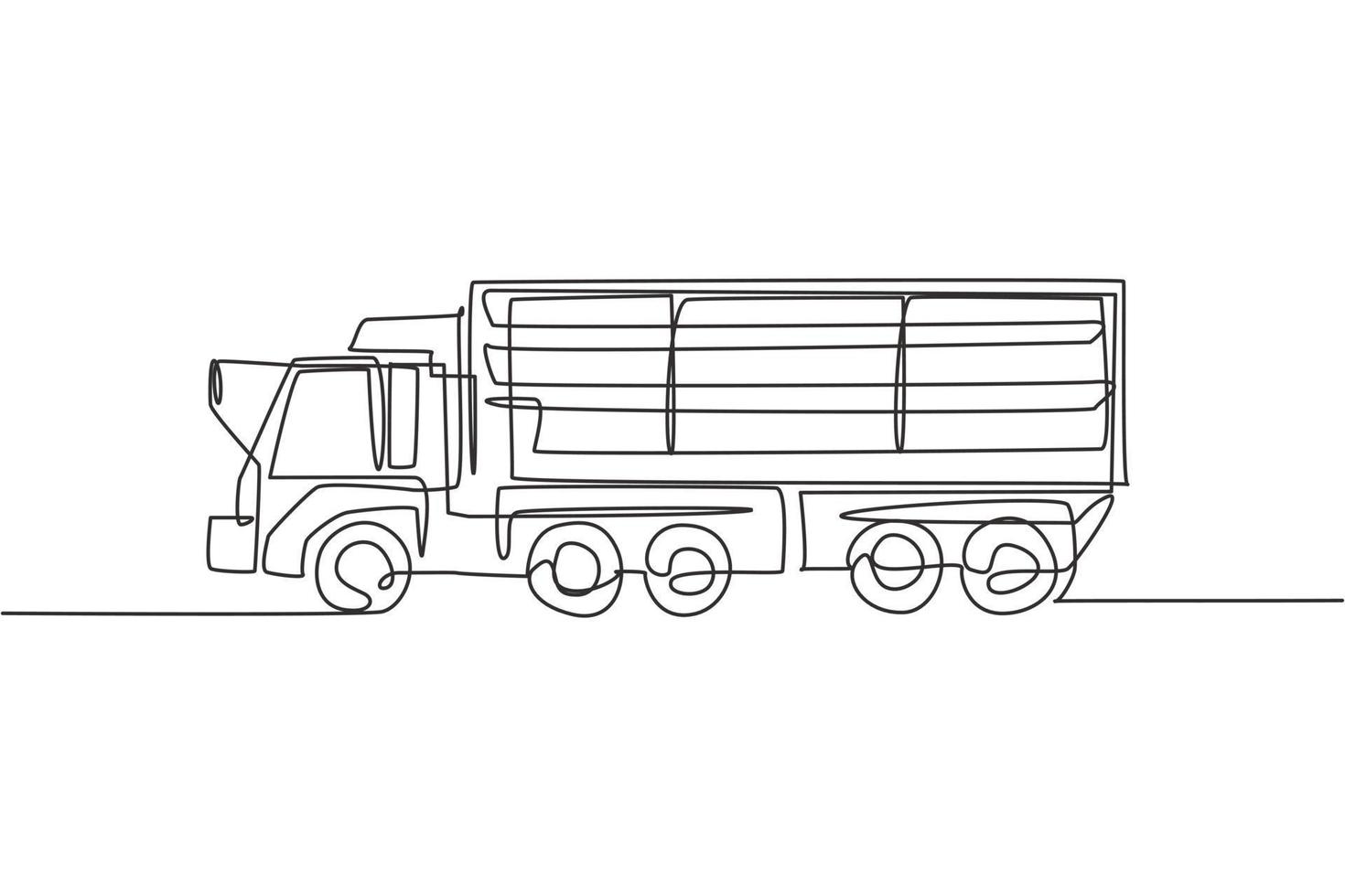 One single line drawing of long truck trailer vector illustration. Business commercial vehicles. Heavy machines vehicles for logistic delivery concept. Modern continuous line graphic draw design