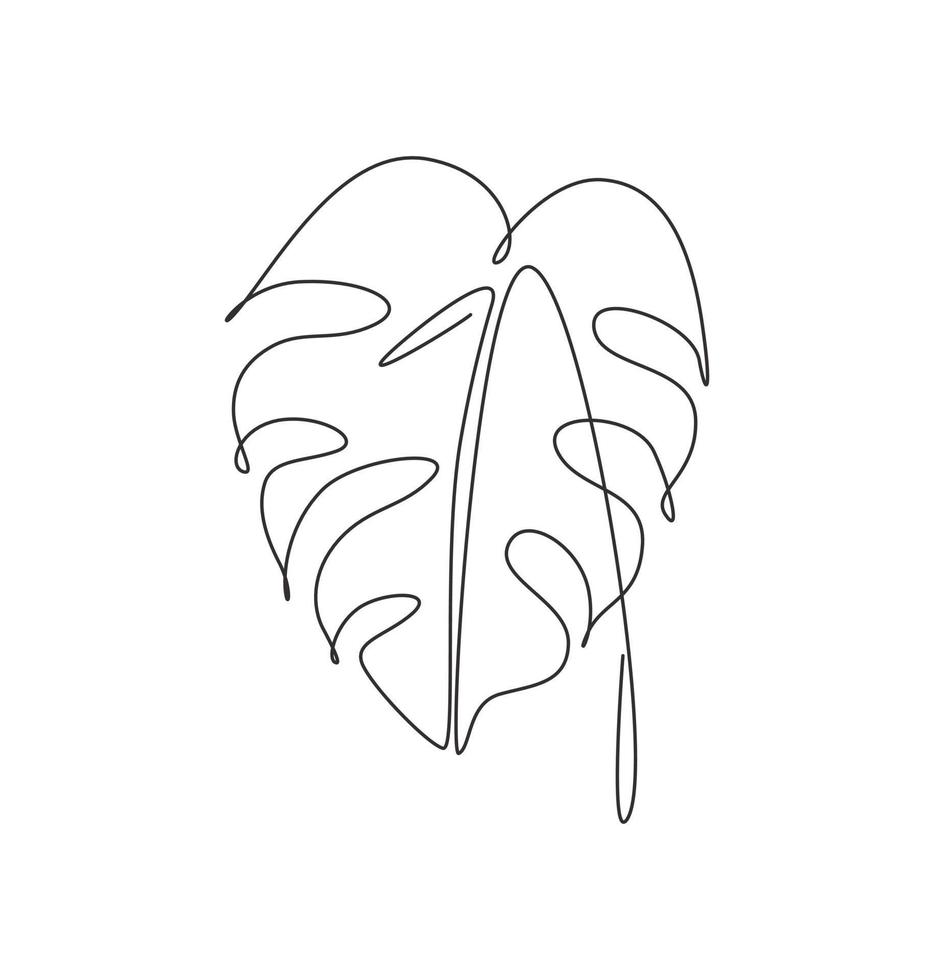 One continuous line drawing abstract tropical monstera leaf. Minimal natural botany eco concept. Home wall decor, poster, tote bag, fabric print. Single line draw design graphic vector illustration