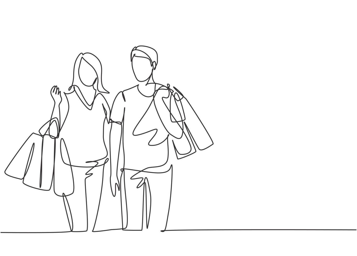 Single continuous line drawing young happy romantic couple holding paper bags while shopping together at mall. Buying fashion and cosmetic concept. One line draw vector graphic design illustration