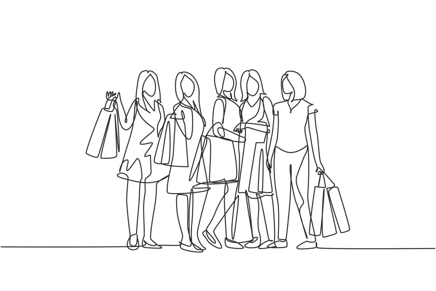 Single continuous line drawing group of happy beauty woman holding paper bags after shopping dress, make up, cosmetic together. Shopping concept. One line draw vector graphic design illustration