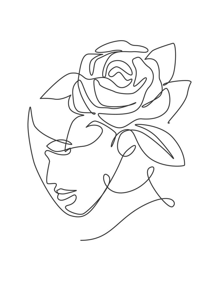 One continuous line art drawing minimalist woman portrait with flowers. Beauty contour abstract face poster wall art print design concept. Dynamic single line draw design graphic vector illustration