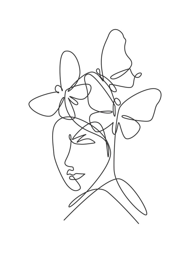 One single line drawing woman with butterfly line art vector illustration. Female abstract face butterfly botany portrait minimalistic print style concept. Modern continuous line draw graphic design