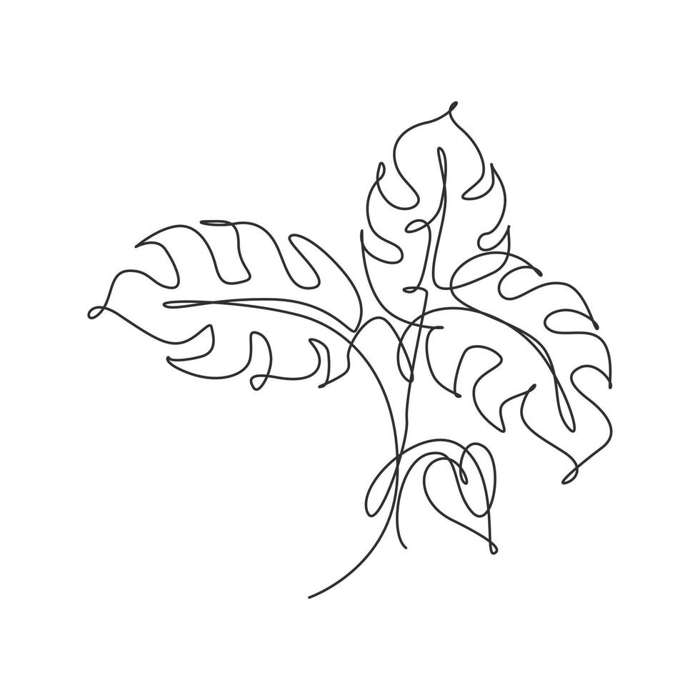 Single continuous line drawing monstera leaf. Abstract botany style concept for posters, wall art, tote bag mobile case, t-shir,t sticker print. Trendy one line draw design vector graphic illustration