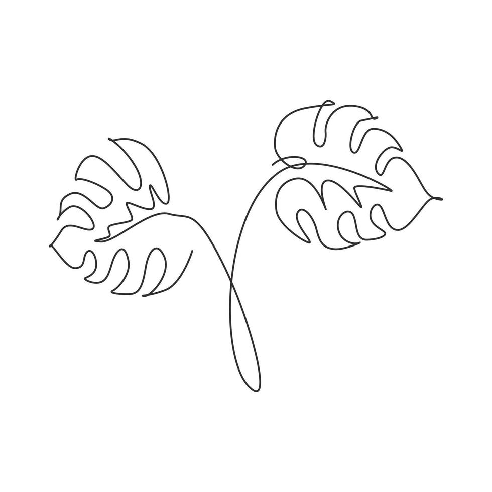 One single line drawing monstera leaf vector illustration. Tropical leaves minimalistic style, abstract floral pattern concept for poster, wall decor print. Modern continuous line graphic draw design