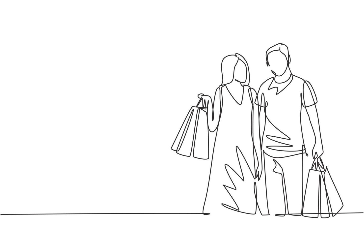 una sola línea de dibujo joven pareja romántica feliz sosteniendo bolsas de papel después de comprar vestidos y necesidades personales juntos en el centro comercial. concepto de compras comerciales. ilustración de diseño de dibujo de línea continua vector
