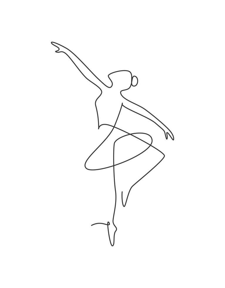 bailarina de dibujo de línea continua única en estilo de baile de movimiento de ballet. logotipo de concepto de bailarina minimalista de belleza, arte escandinavo de impresión de carteles. Ilustración de vector gráfico de diseño de dibujo de una línea de moda