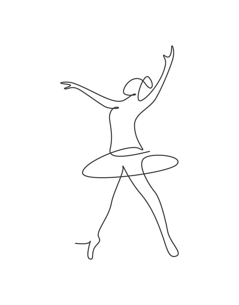 un dibujo de línea continua mujer bailarina de ballet de belleza en movimiento de elegancia. bailarina chica sexy realiza el concepto de danza del arte. impresión de decoración de pared. Ilustración gráfica de vector de diseño de dibujo de línea única dinámica