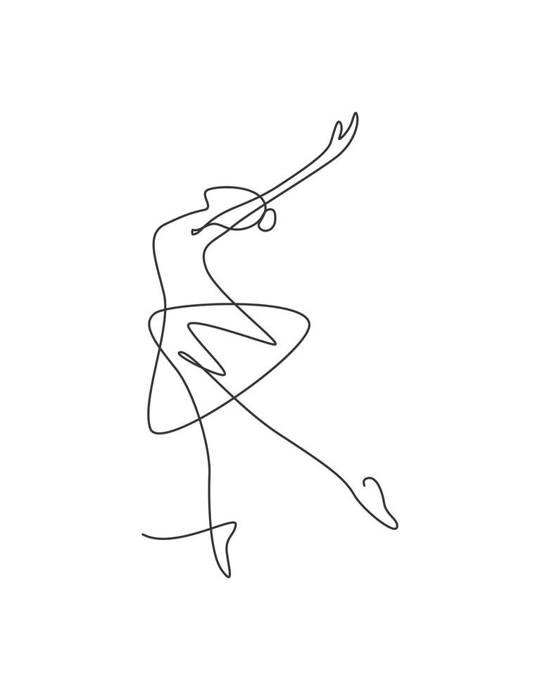 One continuous line drawing woman beauty ballet dancer in elegance motion. Minimalist sexy girl ballerina performs dance concept. Wall decor print. Single line draw design graphic vector illustration