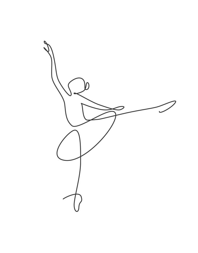 dibujo de línea continua única bonita bailarina en estilo de baile de movimiento de ballet. logotipo de concepto de bailarina sexy de belleza, arte de impresión de cartel minimalista. Ilustración gráfica de vector de diseño de dibujo de una línea de moda