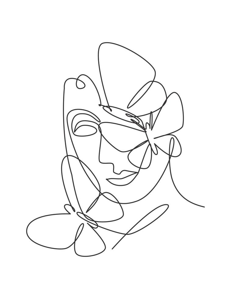 un dibujo de línea continua rostro abstracto de mujer sexy con logo de alas de mariposa. concepto de estilo minimalista de retrato femenino. icono cosmético. Ilustración de vector gráfico de diseño de dibujo de línea única dinámica