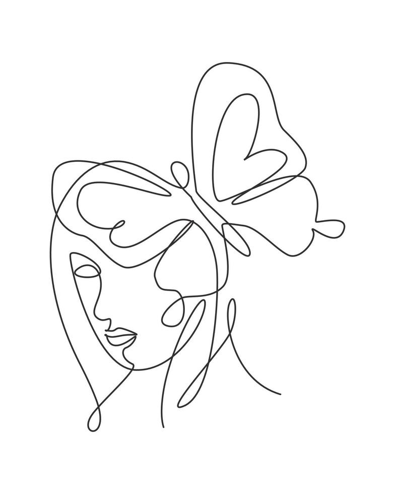 One single line drawing woman with butterfly line art vector ...