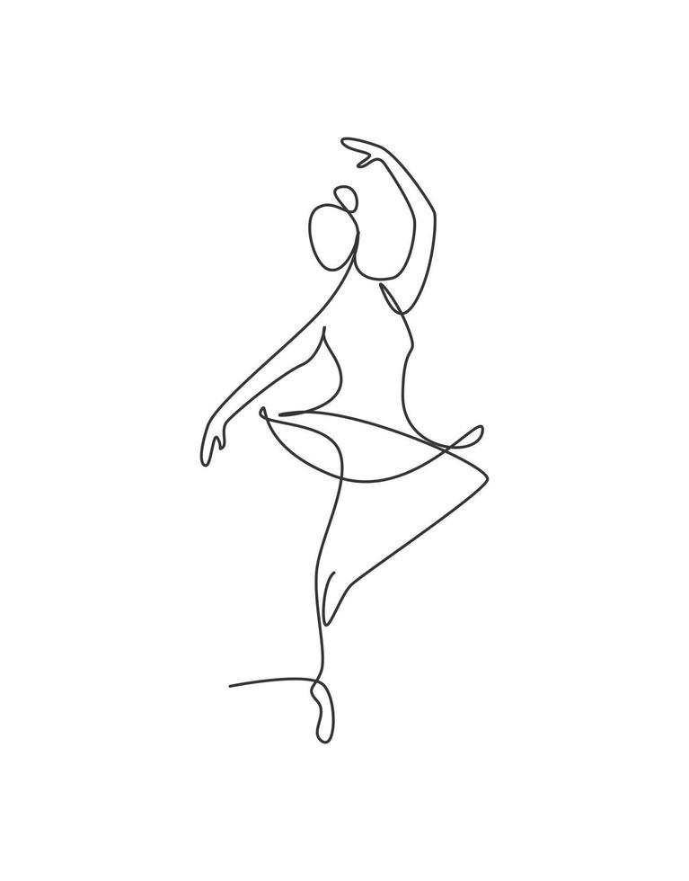 Una sola línea de dibujo ilustración de vector de bailarina de belleza de mujer sexy. bonita bailarina de ballet muestra el concepto de movimiento de danza. Impresión de póster de decoración de pared minimalista. diseño de dibujo gráfico de línea continua moderna