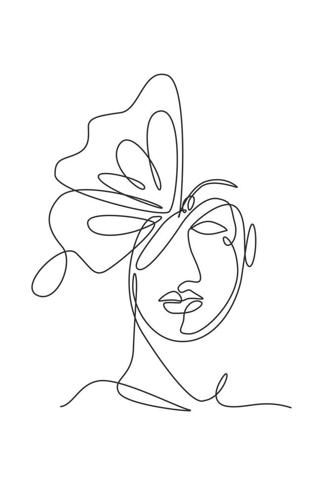 One single line drawing woman with butterfly line art vector illustration. Female abstract face butterfly wings portrait minimalistic fashion style concept. Modern continuous line graphic draw design