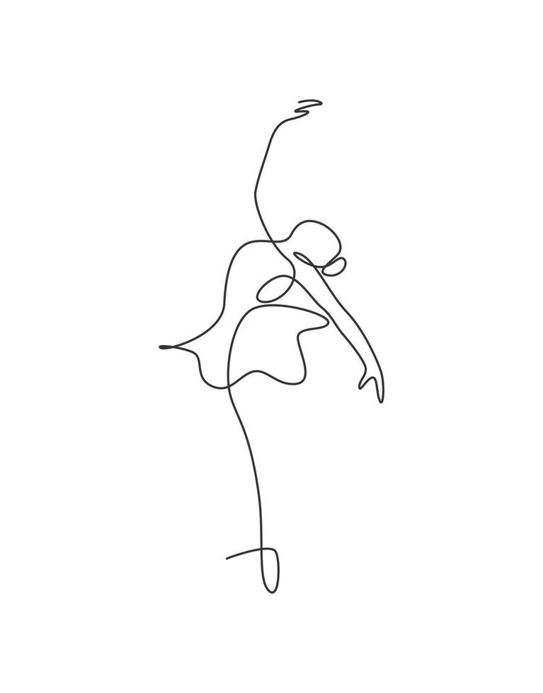 One continuous line drawing woman beauty ballet dancer in elegance motion. Sexy girl ballerina performs art dance concept. Wall decor print. Dynamic single line draw design vector graphic illustration