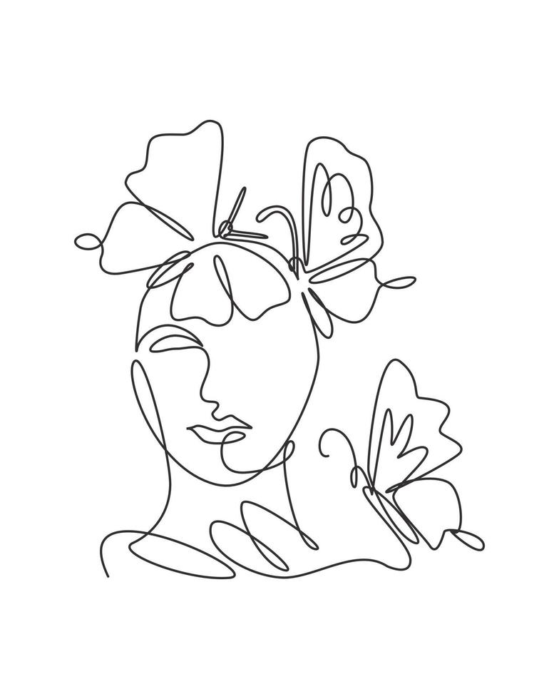 One single line drawing woman with butterfly line art vector illustration. Female abstract face butterfly wings portrait minimalistic fashion style concept. Modern continuous line graphic draw design