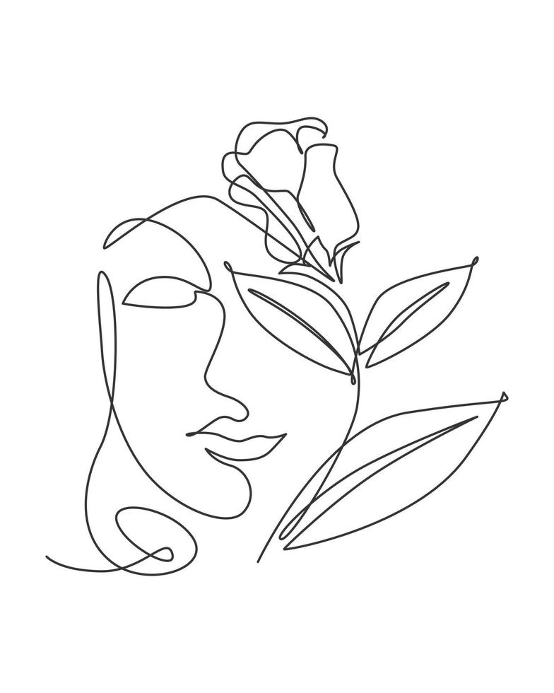 Single continuous line drawing pretty woman face with flowers. Nature beauty botanical print concept for wall decor print. Portrait minimalist. Trendy one line draw design vector graphic illustration